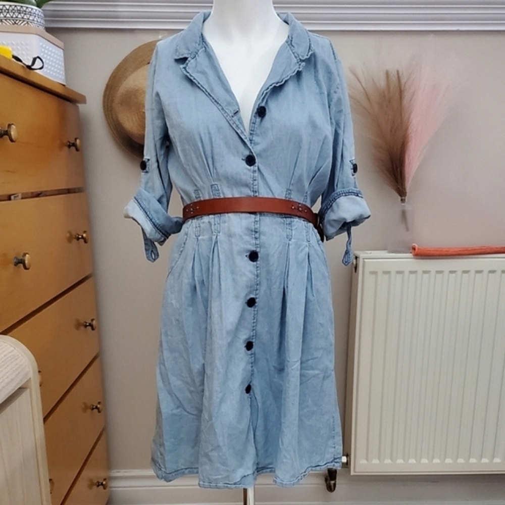 Chesley- Loose Fit and Flare Denim Collared button down Dress (Belt Not Included
